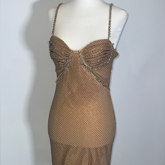 [CLEARANCE/Send Offers] BRONZE RHINESTONE DIAMANTÉ MESH PARTY DRESS - Picture 6 of 10